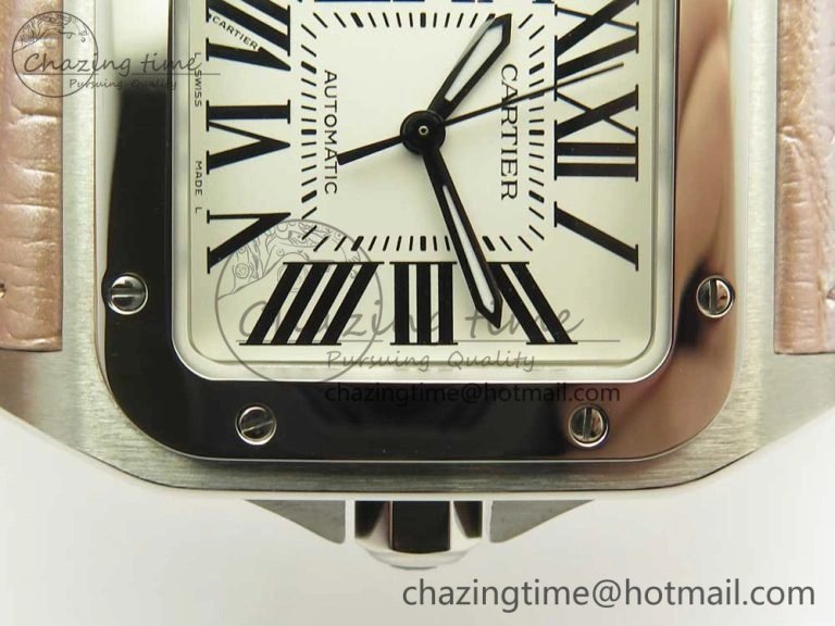 Santos 100 33mm RXW 1:1 Best Edition Ladies SS White Dial on Pink Leather Strap SEIKO NH05A