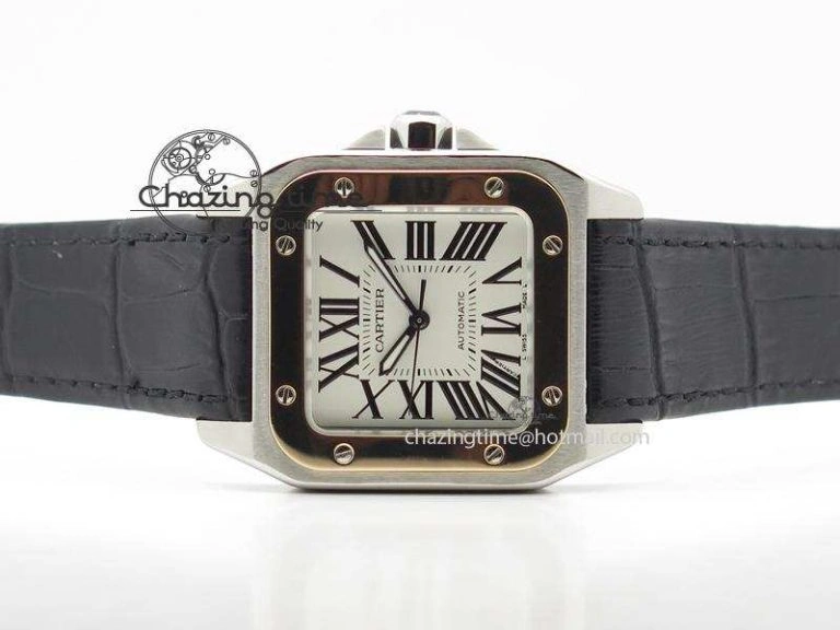 Santos 100 33mm V6F Best Edition Ladies SS White Dial On Black Leather Strap SEIKO NH05A