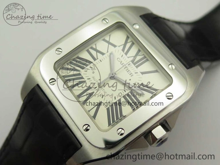 Santos 100 38mm RXW 1:1 Best Edition Ladies SS White Dial on Black Leather Strap A2892