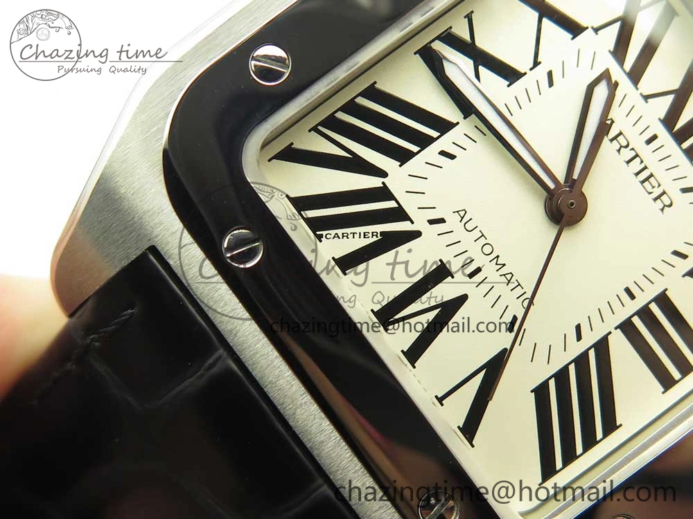 Santos 100 38mm RXW 1:1 Best Edition Ladies SS White Dial on Black Leather Strap A2892