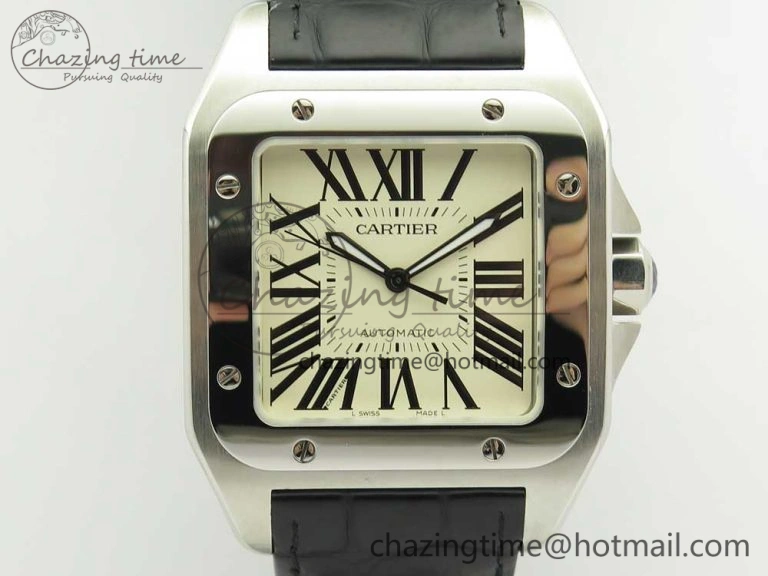 Santos 100 38mm RXW 1:1 Best Edition Ladies SS White Dial on Black Leather Strap A2892