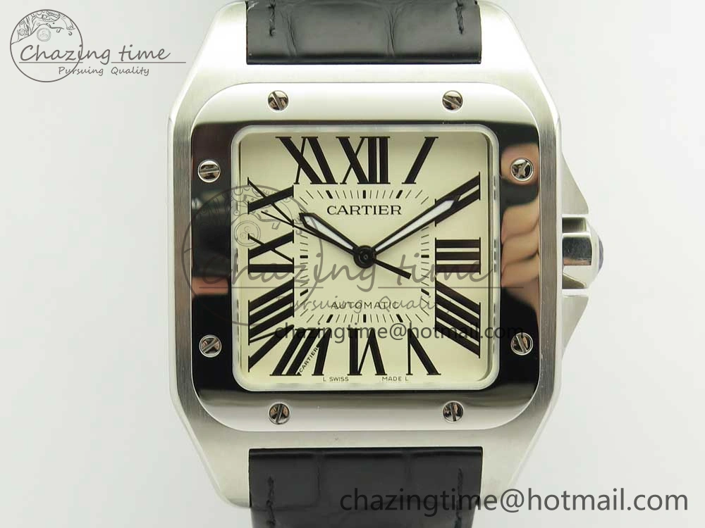 Santos 100 38mm RXW 1:1 Best Edition Ladies SS White Dial on Black Leather Strap A2892
