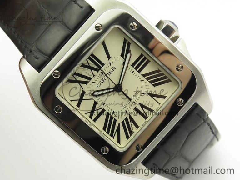 Santos 100 38mm RXW 1:1 Best Edition Ladies SS White Dial on Black Leather Strap A2892