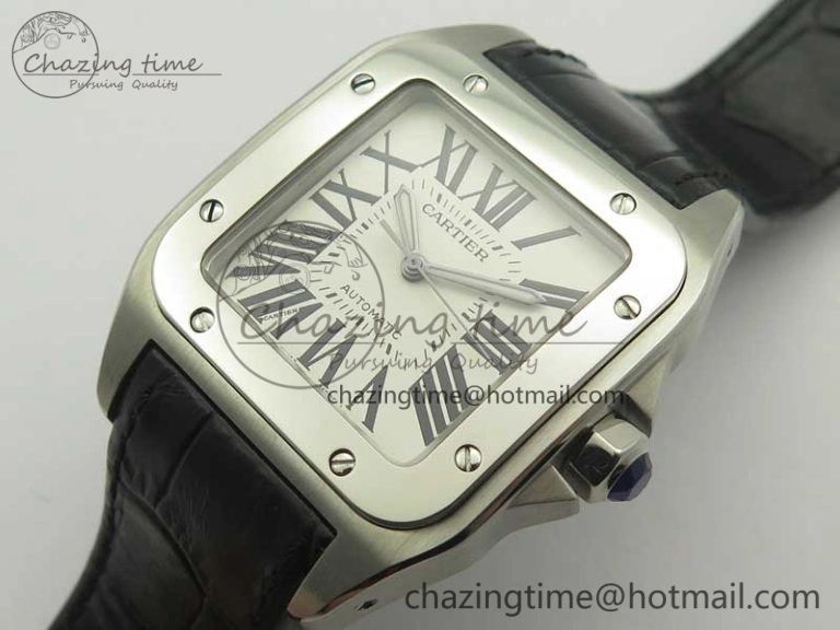 Santos 100 38mm SS KZF 1:1 Best Edition White Dial on Black Leather Strap A2824