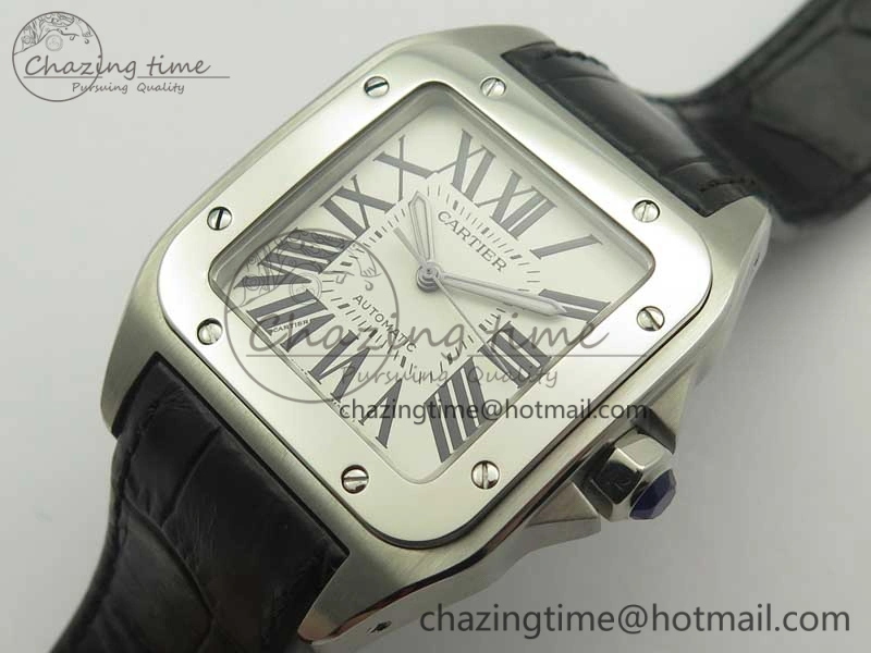 Santos 100 38mm SS KZF 1:1 Best Edition White Dial on Black Leather Strap A2824