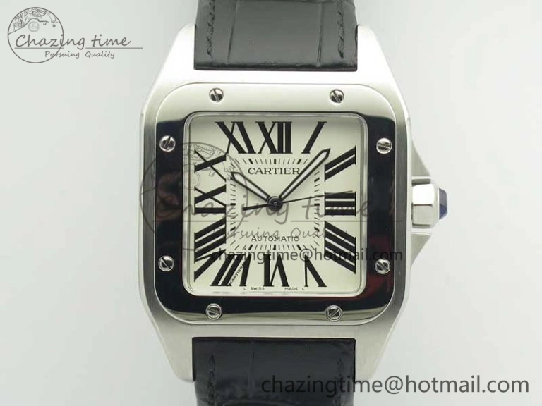 Santos 100 38mm SS KZF 1:1 Best Edition White Dial on Black Leather Strap A2824
