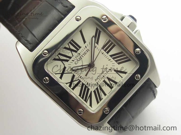 Santos 100 38mm SS KZF 1:1 Best Edition White Dial on Black Leather Strap A2824