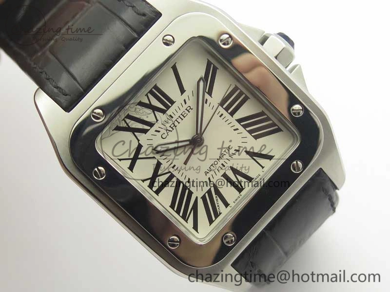Santos 100 38mm SS KZF 1:1 Best Edition White Dial on Black Leather Strap A2824