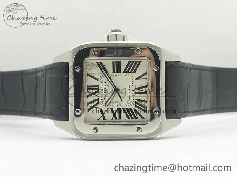 Santos 100 38mm SS KZF 1:1 Best Edition White Dial on Black Leather Strap A2824