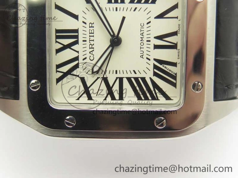 Santos 100 38mm SS KZF 1:1 Best Edition White Dial on Black Leather Strap A2824