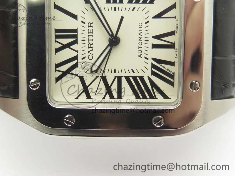 Santos 100 38mm SS KZF 1:1 Best Edition White Dial on Black Leather Strap A2824