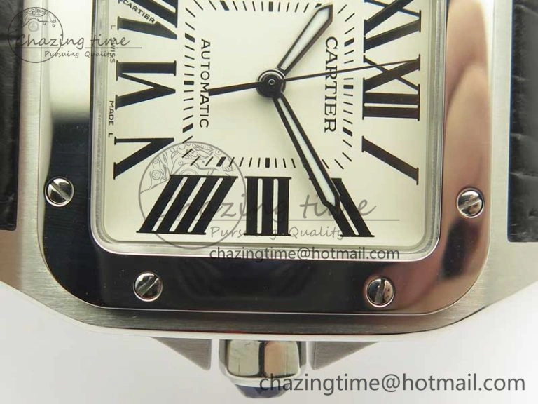 Santos 100 38mm SS KZF 1:1 Best Edition White Dial on Black Leather Strap A2824