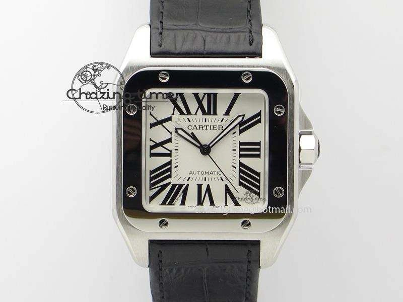 Santos 100 38mm SS White Dial On Black Leather Strap A2824