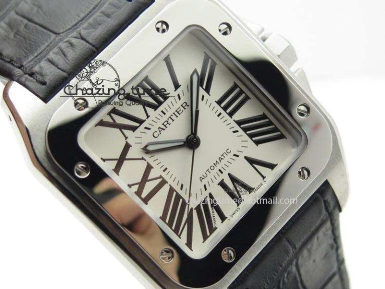Santos 100 38mm SS White Dial On Black Leather Strap A2824