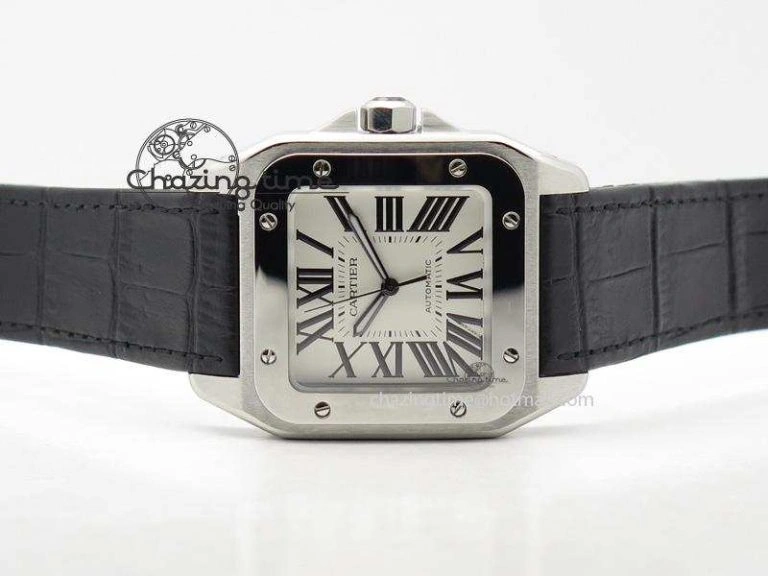 Santos 100 38mm SS White Dial On Black Leather Strap A2824