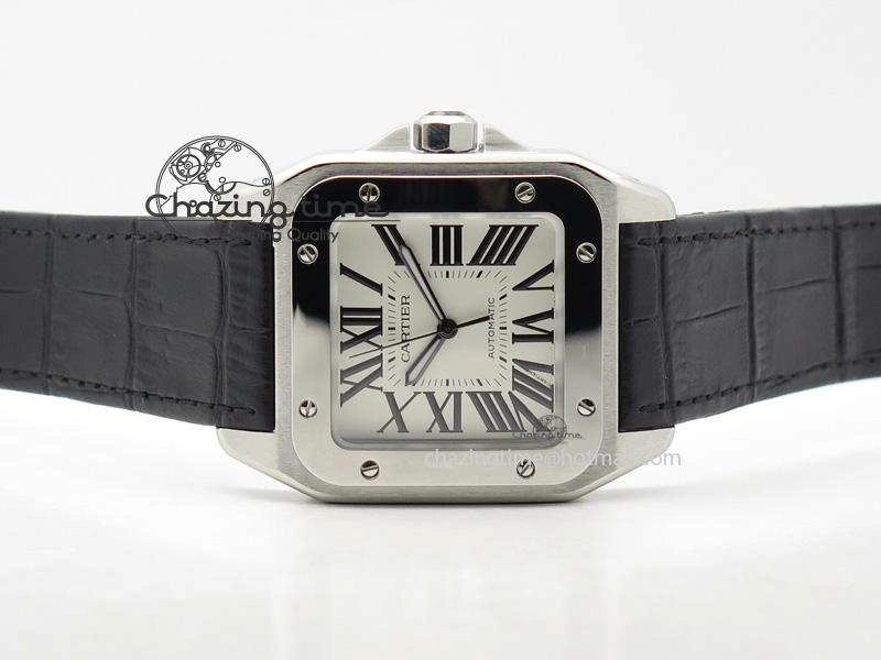 Santos 100 38mm SS White Dial On Black Leather Strap A2824