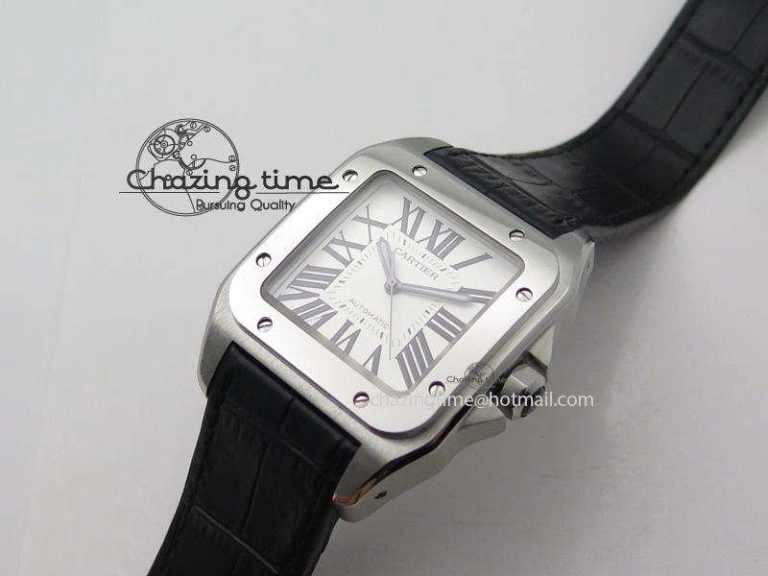 Santos 100 38mm SS White Dial On Black Leather Strap A2824