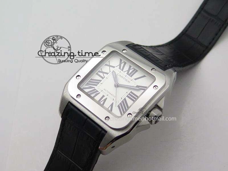 Santos 100 38mm SS White Dial On Black Leather Strap A2824