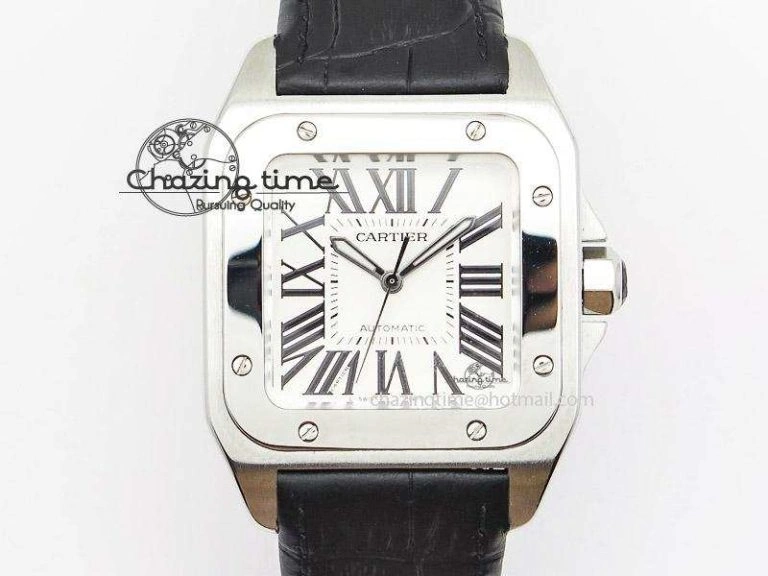 Santos 100 Midsize SS White Dial on Black Leather Strap ETA2671