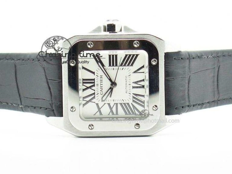 Santos 100 Midsize SS White Dial on Black Leather Strap ETA2671