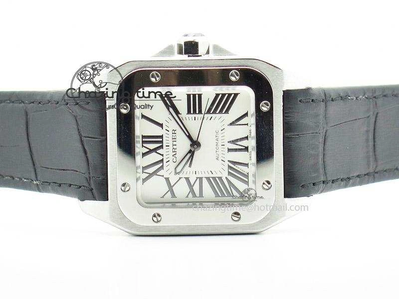 Santos 100 Midsize SS White Dial on Black Leather Strap ETA2671
