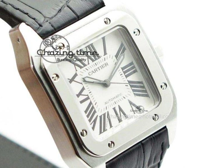 Santos 100 Midsize SS White Dial on Black Leather Strap ETA2671