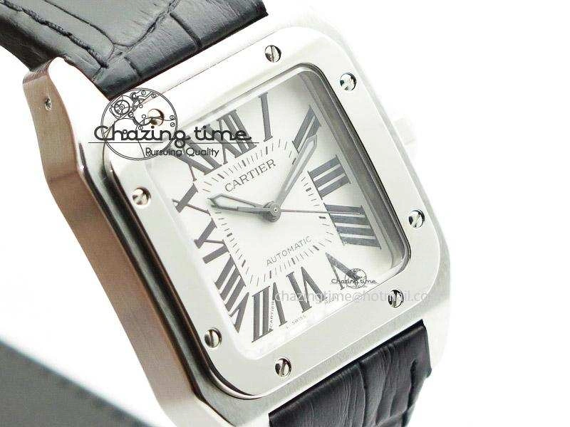 Santos 100 Midsize SS White Dial on Black Leather Strap ETA2671