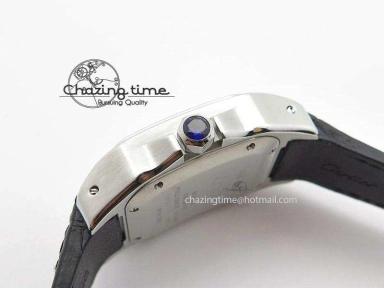 Santos 100 Midsize SS White Dial on Black Leather Strap ETA2671