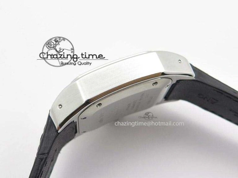 Santos 100 Midsize SS White Dial on Black Leather Strap ETA2671