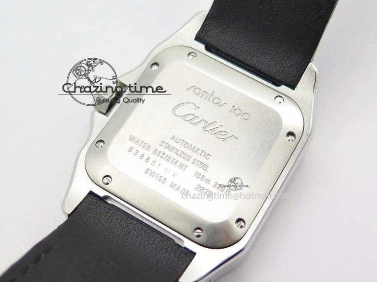Santos 100 Midsize SS White Dial on Black Leather Strap ETA2671