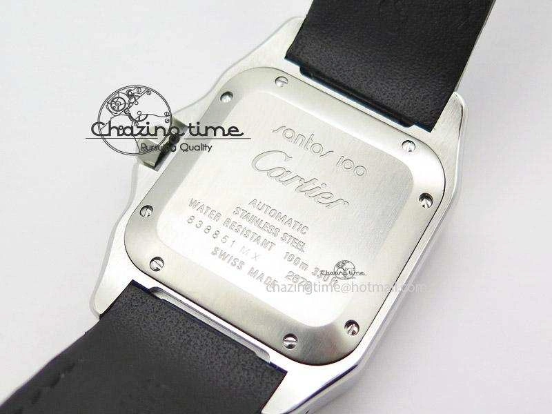 Santos 100 Midsize SS White Dial on Black Leather Strap ETA2671