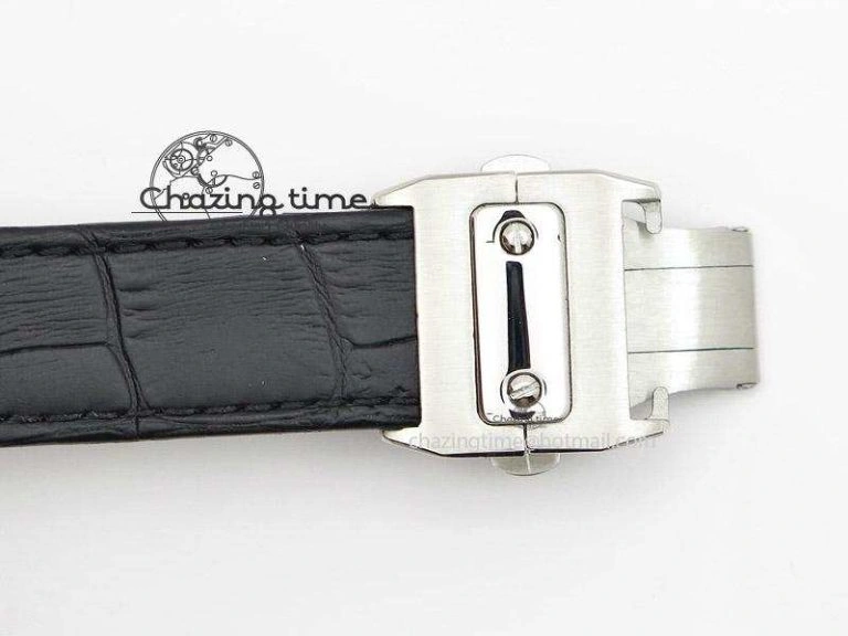 Santos 100 Midsize SS White Dial on Black Leather Strap ETA2671