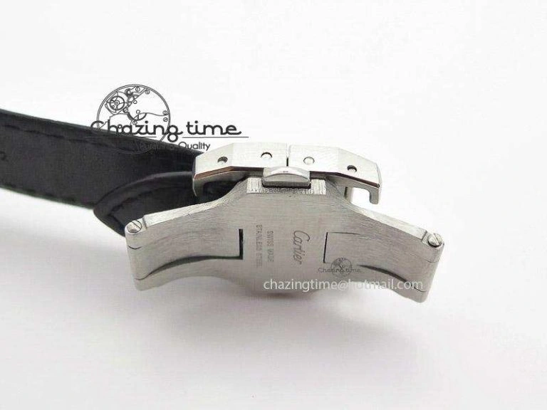 Santos 100 Midsize SS White Dial on Black Leather Strap ETA2671