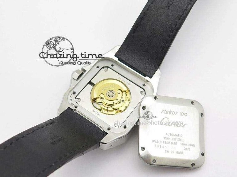 Santos 100 Midsize SS White Dial on Black Leather Strap ETA2671