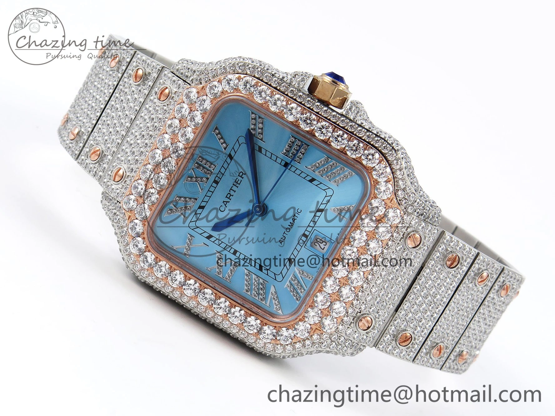 Santos De 40mm TWF 1:1 Best Edition Blue Dial 904L SS RG Case and Bracelet A2824