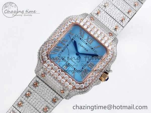Santos De 40mm TWF 1:1 Best Edition Blue Dial 904L SS RG Case and Bracelet A2824