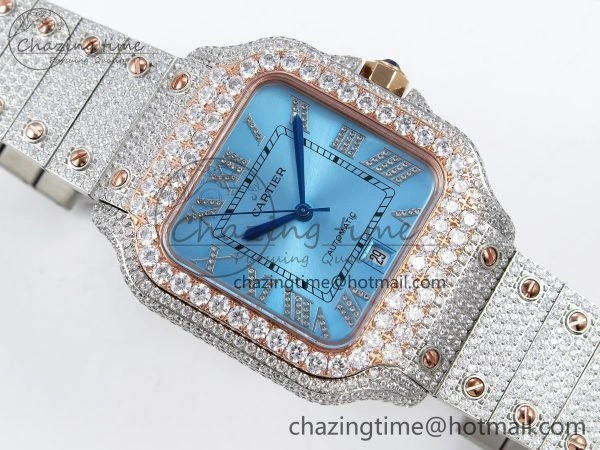 Santos De 40mm TWF 1:1 Best Edition Blue Dial 904L SS RG Case and Bracelet A2824