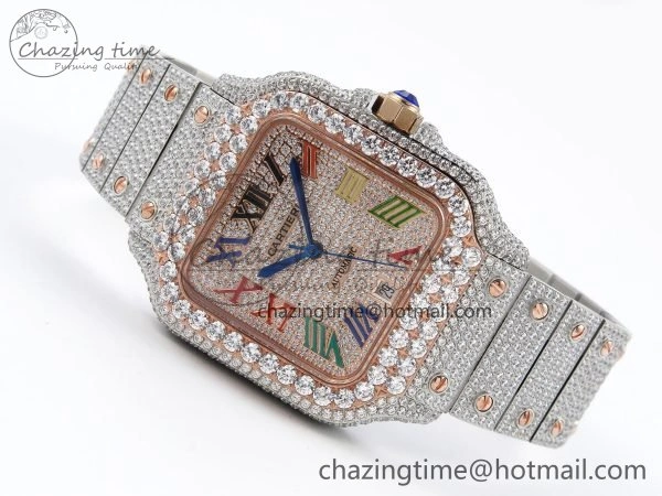Santos De 40mm TWF 1:1 Best Edition RG Rainbow Dial 904L SS RG Case and Bracelet A2824