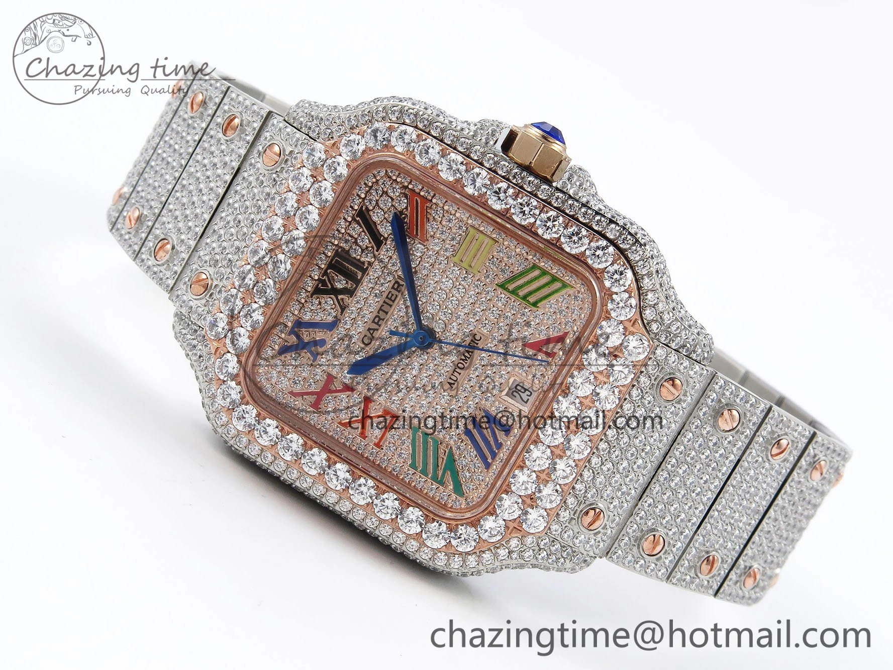 Santos De 40mm TWF 1:1 Best Edition RG Rainbow Dial 904L SS RG Case and Bracelet A2824