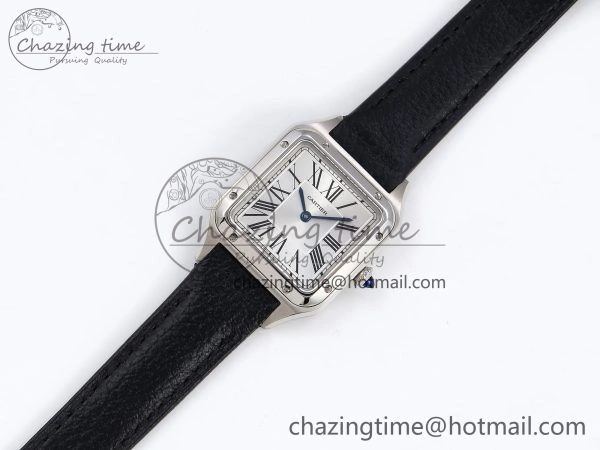 Santos Dumont 27.5mm SS AF 1:1 Best Edition Silver Dial on Black Leather Strap A157