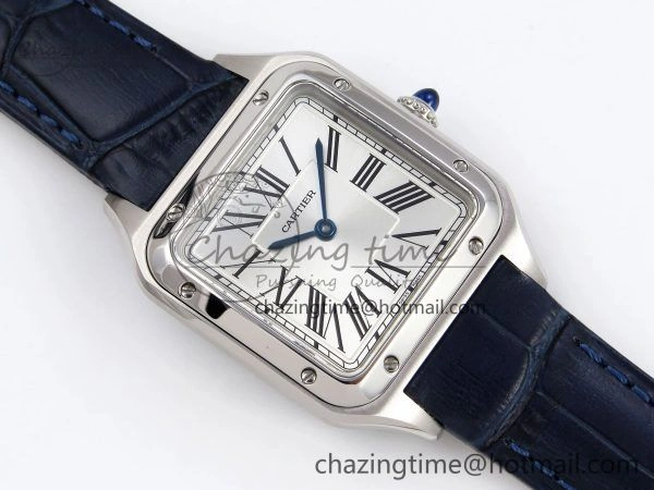 Santos Dumont 27.5mm SS AF 1:1 Best Edition Silver Dial on Blue Croco Strap A157