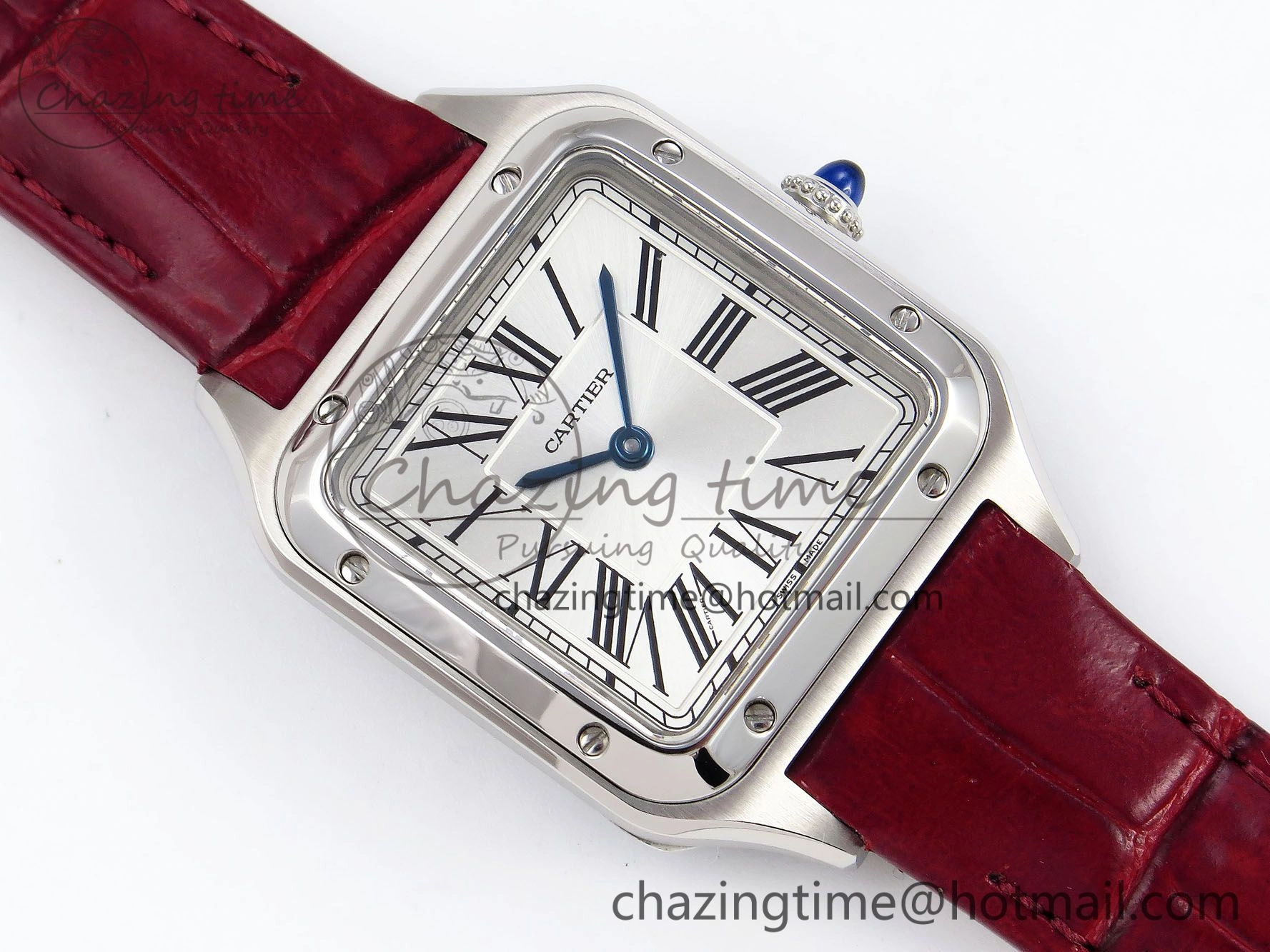 Santos Dumont 27.5mm SS AF 1:1 Best Edition Silver Dial on Red Croco Strap A157