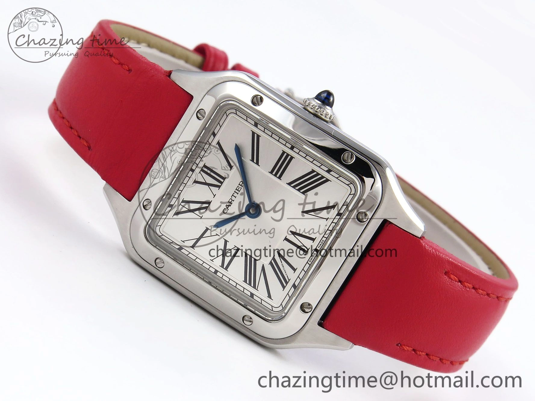 Santos Dumont 27.5mm SS AF 1:1 Best Edition Silver Dial on Red Leather Strap A157