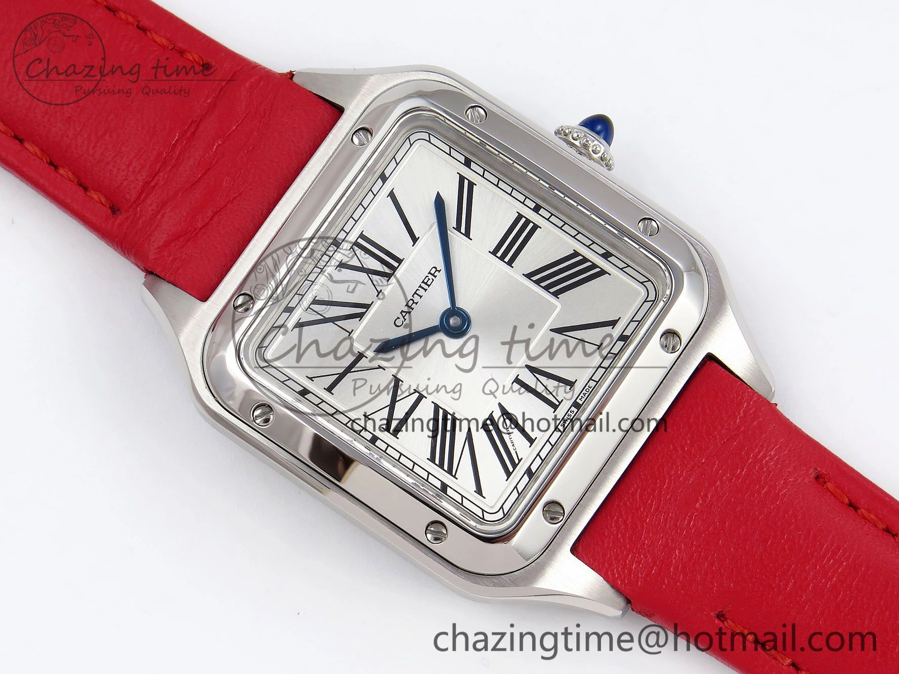 Santos Dumont 27.5mm SS AF 1:1 Best Edition Silver Dial on Red Leather Strap A157
