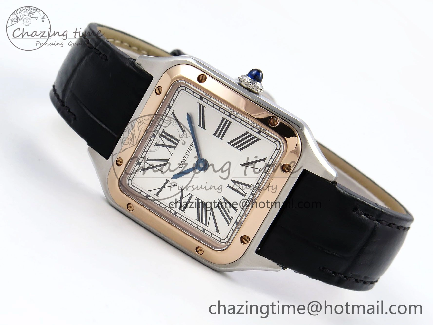 Santos Dumont 27.5mm SS RG AF 1:1 Best Edition Silver Dial on Black Croco Strap A157