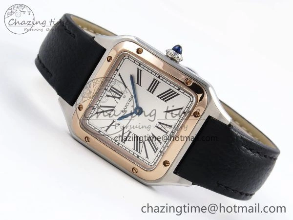 Santos Dumont 27.5mm SS RG AF 1:1 Best Edition Silver Dial on Black Leather Strap A157