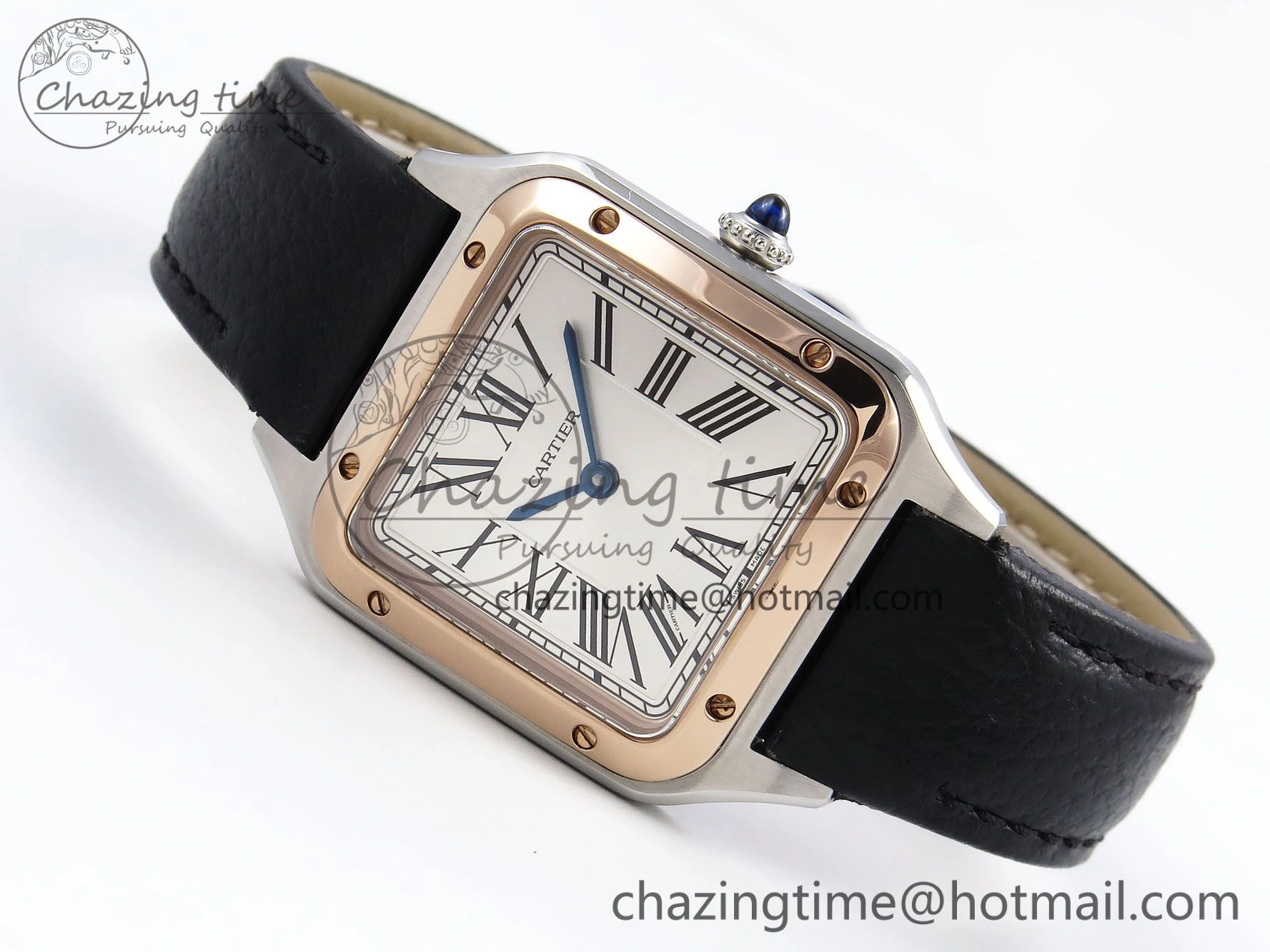 Santos Dumont 27.5mm SS RG AF 1:1 Best Edition Silver Dial on Black Leather Strap A157