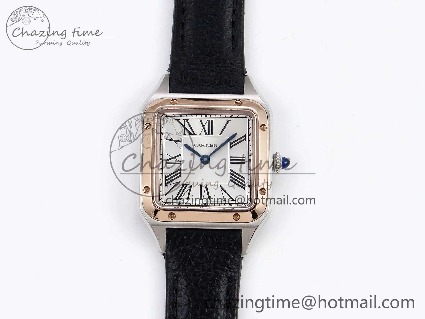 Santos Dumont 27.5mm SS RG AF 1:1 Best Edition Silver Dial on Black Leather Strap A157