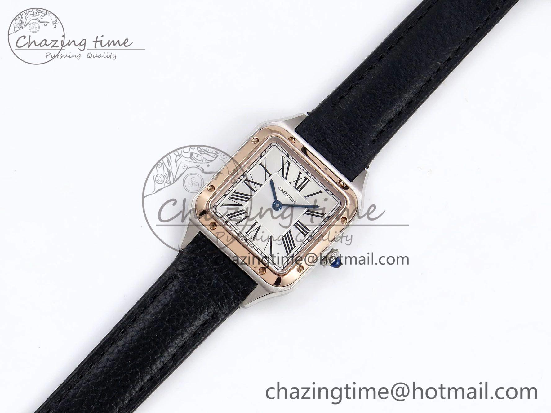 Santos Dumont 27.5mm SS RG AF 1:1 Best Edition Silver Dial on Black Leather Strap A157