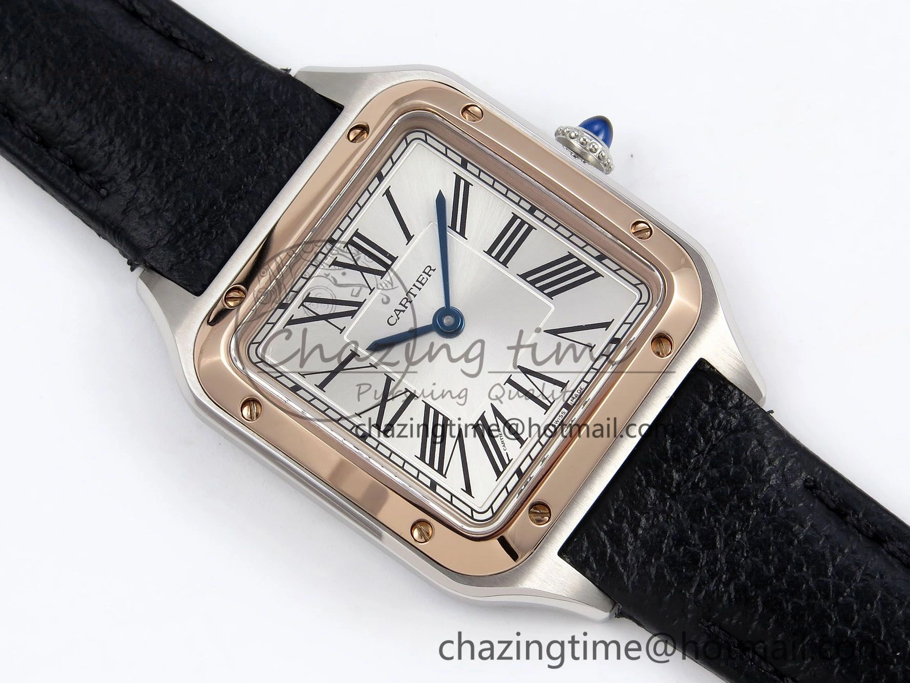 Santos Dumont 27.5mm SS RG AF 1:1 Best Edition Silver Dial on Black Leather Strap A157